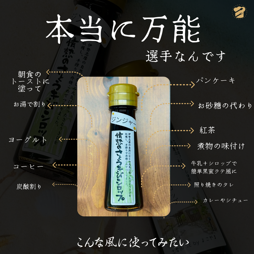 情熱のさとうきびシロップ 70g & 60g ジンジャーさとうきびシロップ 伊勢志摩産 まろやかコクのある黒蜜風味