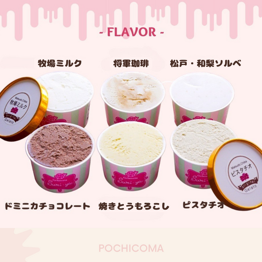 ジェラテリアSumi-ya　無添加ジェラート6種セット（牧場ミルク、ドミニカチョコレート、ピスタチオ、将軍珈琲、焼きとうもろこし、松戸・和梨ソルベ）